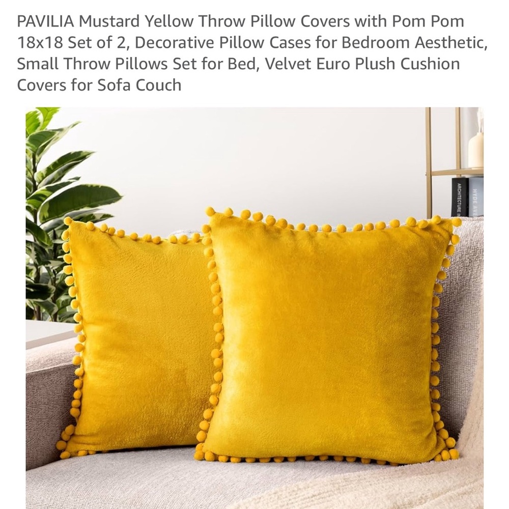 Set of 2 18”x18” Mustard Yellow Throw Pillow Covers with Pom Pom